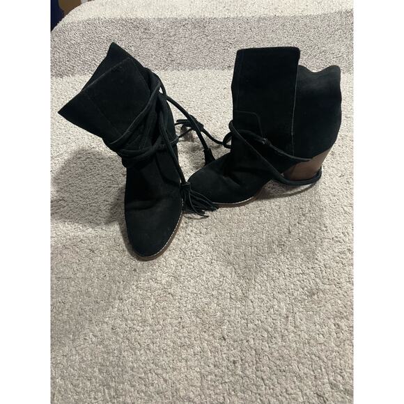 Aldo Contessina Ankle Boots Tie Womens Sz 7 Leather Black Almond Toe Stack Heel - Picture 8 of 11